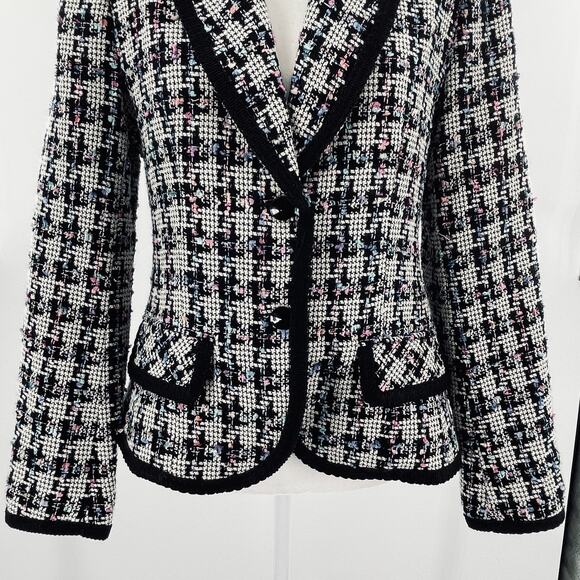 Giancarlo Ferrari Vtg Navy Blue White Plaid Tweed Edged Lined Blazer Jacket 8 - Picture 9 of 16